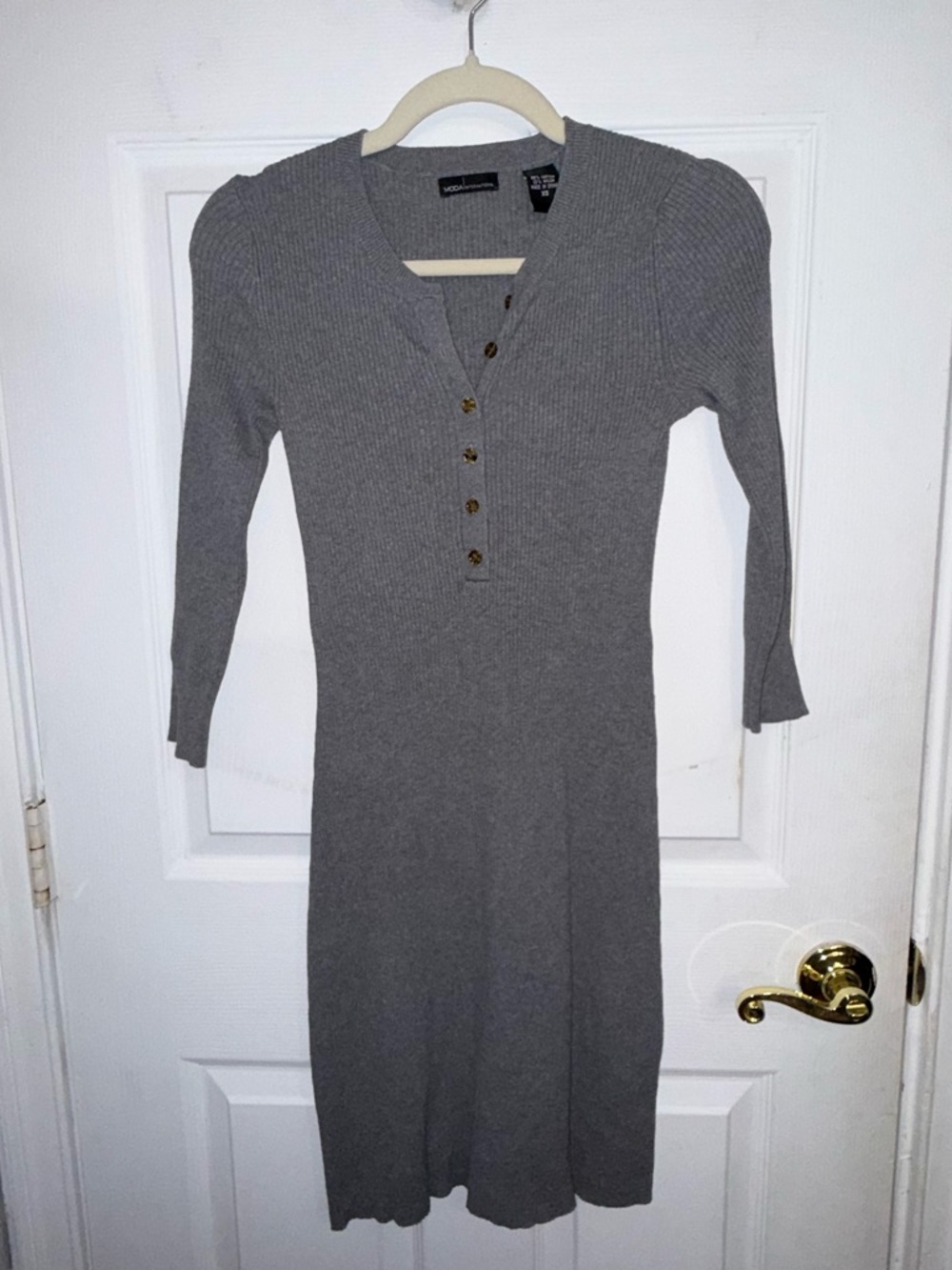 Moda International Ribbed Henley Knit Dress - Gray XS